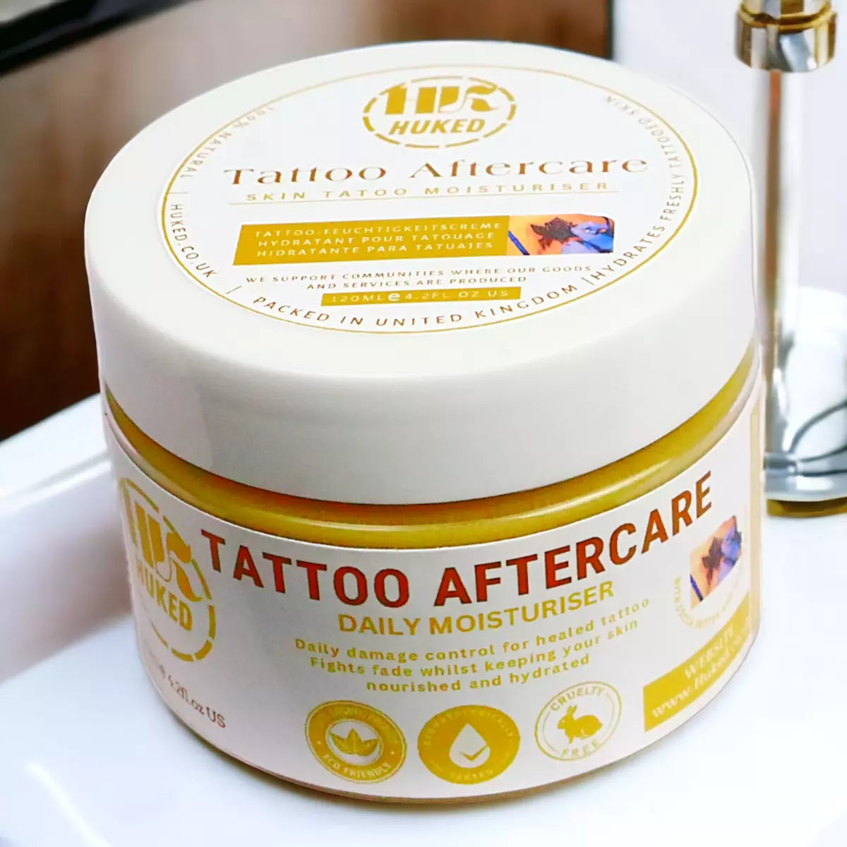Huked Tattoo Moisturiser – 100% Organic & Extra Virgin Aftercare Cream for Tattoo Healing – Hydrating & Revitalizing for Vibrant Ink - 120g