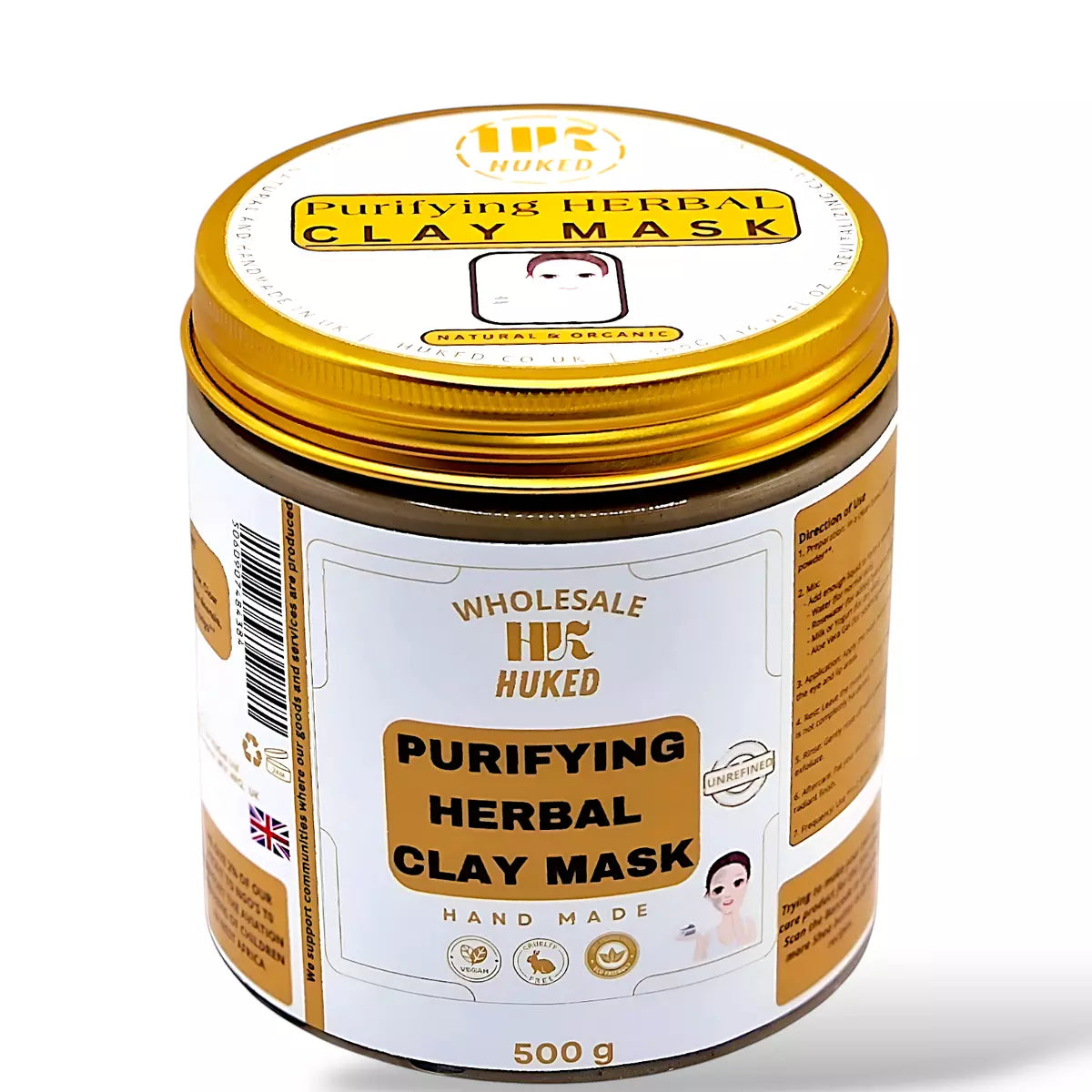 Huked Purifying Clay Mask - Hydrating & Detoxifying Facial Mask for Oily, Acne-Prone, Sensitive Skin, Promotes Natural Glow & Smooth Skin - 500g