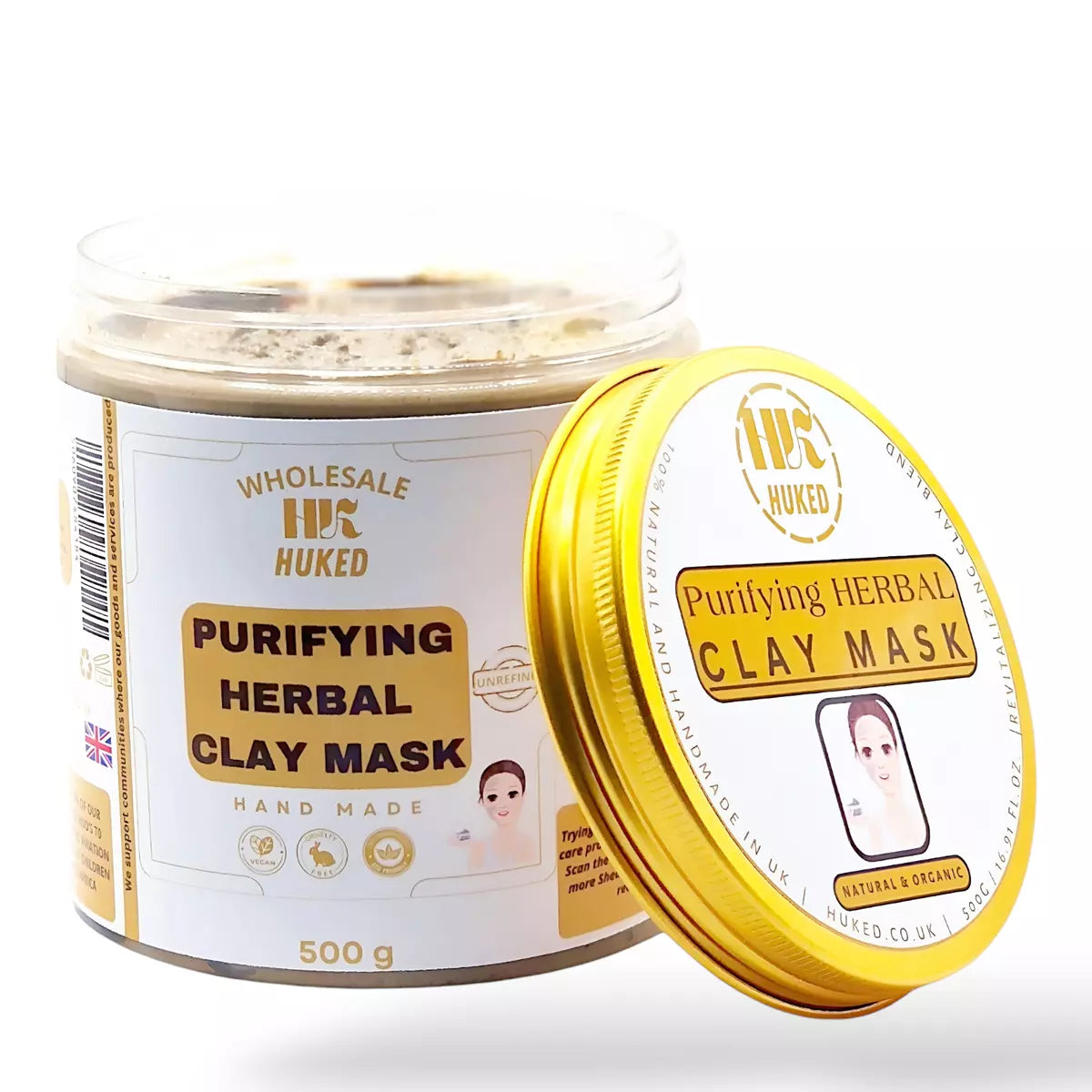 Huked Purifying Clay Mask - Hydrating & Detoxifying Facial Mask for Oily, Acne-Prone, Sensitive Skin, Promotes Natural Glow & Smooth Skin - 500g