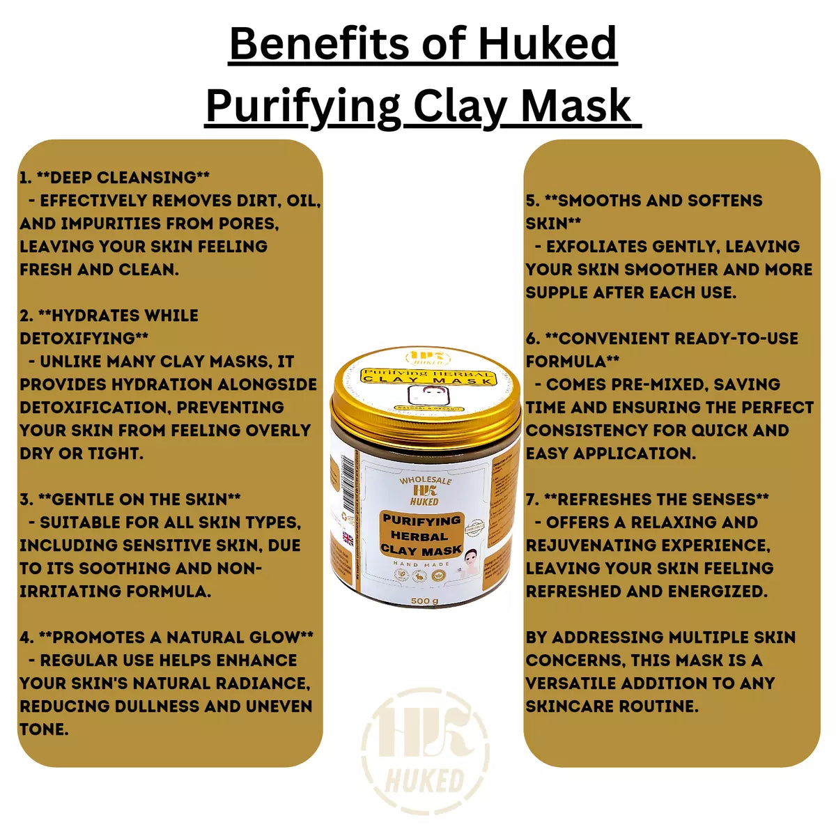 Huked Purifying Clay Mask - Hydrating & Detoxifying Facial Mask for Oily, Acne-Prone, Sensitive Skin, Promotes Natural Glow & Smooth Skin - 500g