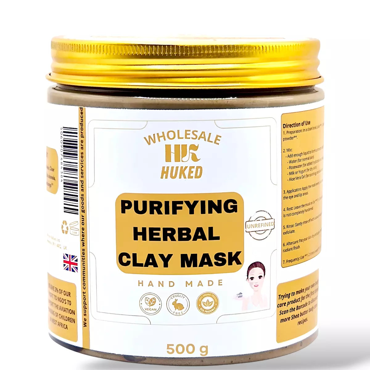Huked Purifying Clay Mask - Hydrating & Detoxifying Facial Mask for Oily, Acne-Prone, Sensitive Skin, Promotes Natural Glow & Smooth Skin - 500g