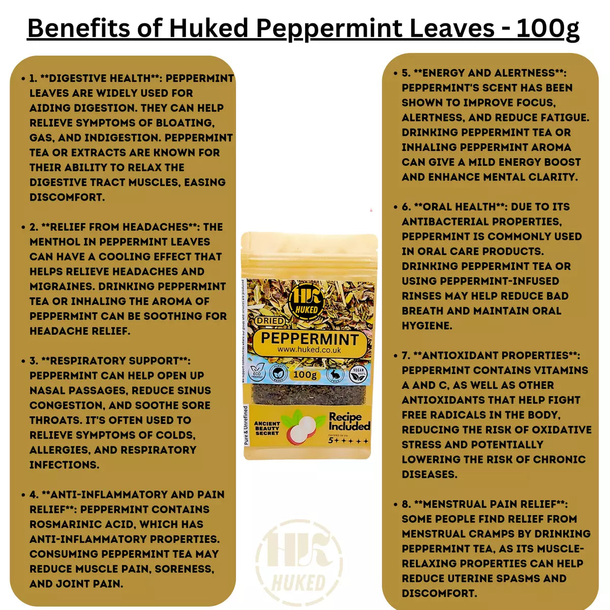 Huked Dried Peppermint - 100% Natural, Versatile Herb for Tea, Culinary, Aromatherapy & Skin Care, Supports Digestion & Wellness - UK
