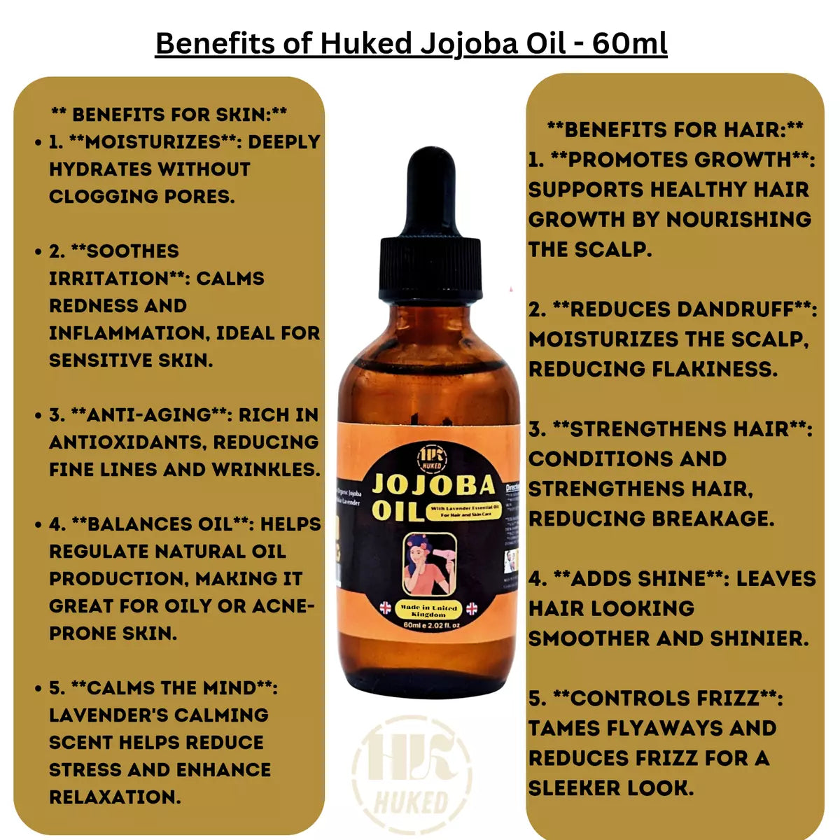 Huked Jojoba Oil with Lavender - Multi-Purpose Hydrating Oil for Hair Growth, Scalp Care & Skin Moisturizer, Acne Control & Anti-Aging - 60ml