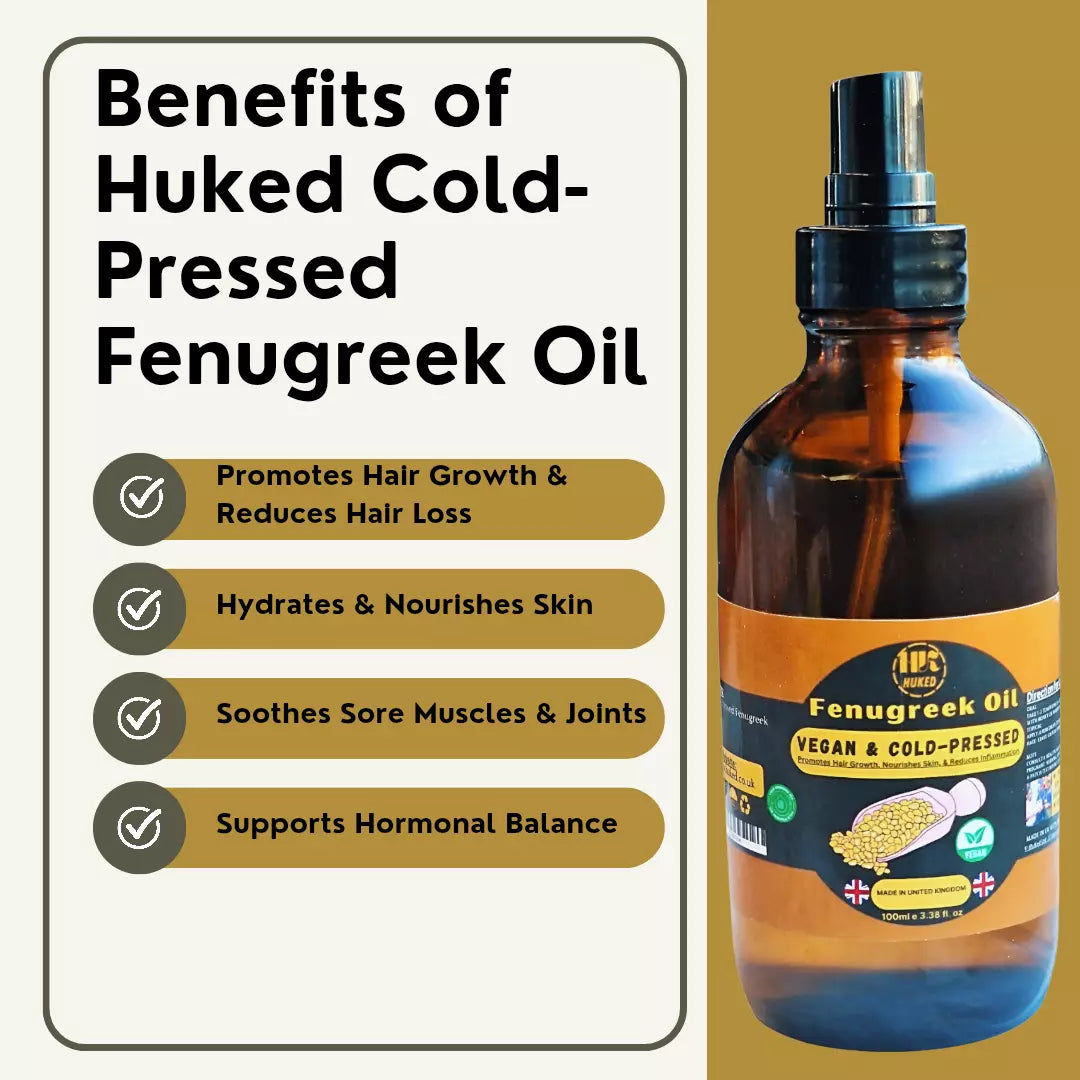 Huked Fenugreek Oil - 100% Natural Multi-Use Hair & Skin Elixir for Hair Growth, Hydration & Wellness, Spray & Dropper Application | 100ml