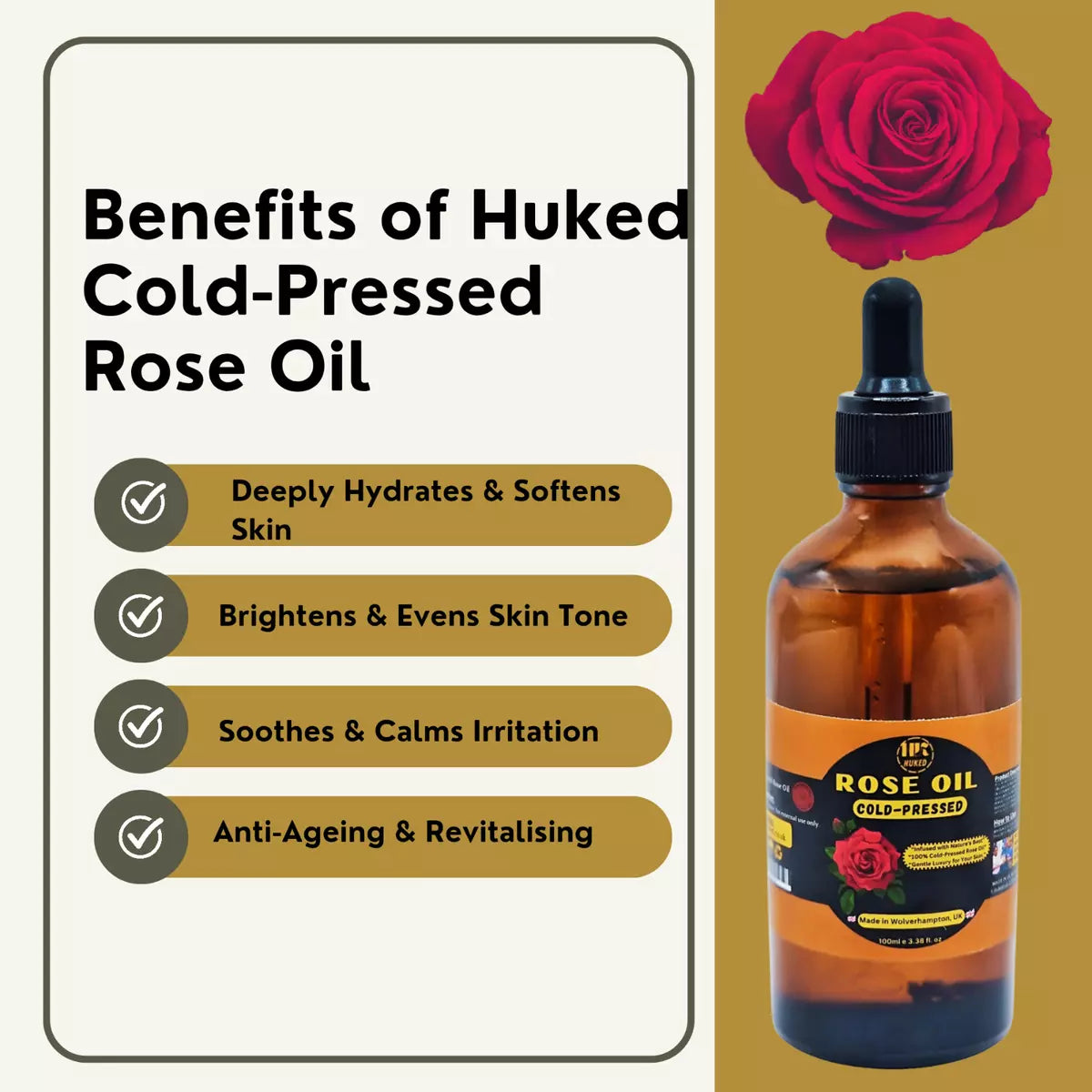 Cold-Pressed Rose Face and Body Oil – 100% Pure & Natural with Rose Petal, 60ml