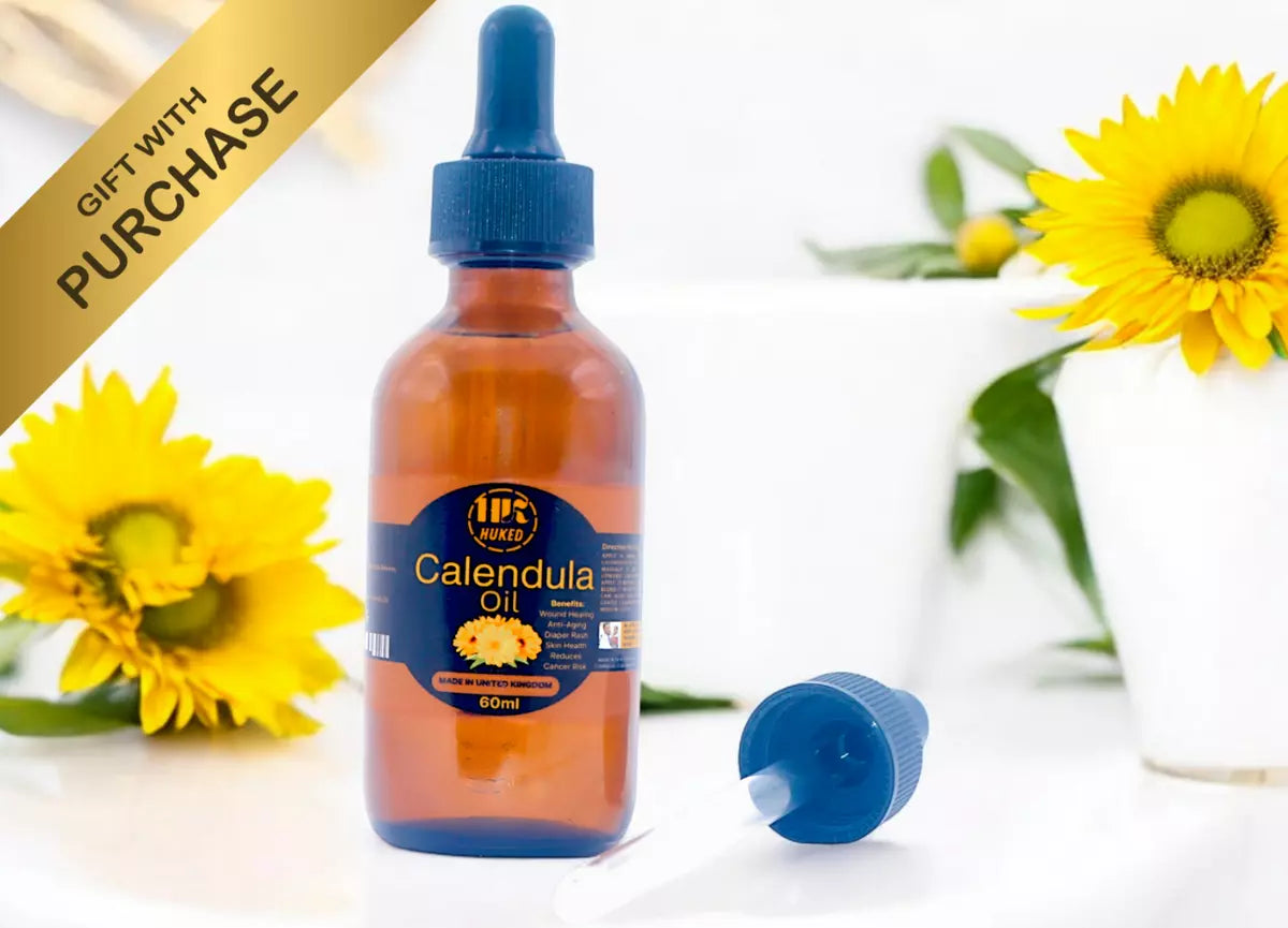Huked Calendula Oil – Natural Skin Soothing & Healing Oil for Irritation, Moisturizing & Anti-Aging | Ideal for Eczema, Burns, & Sensitive Skin + Free Gift + Free Next Day Delivery - 60ml