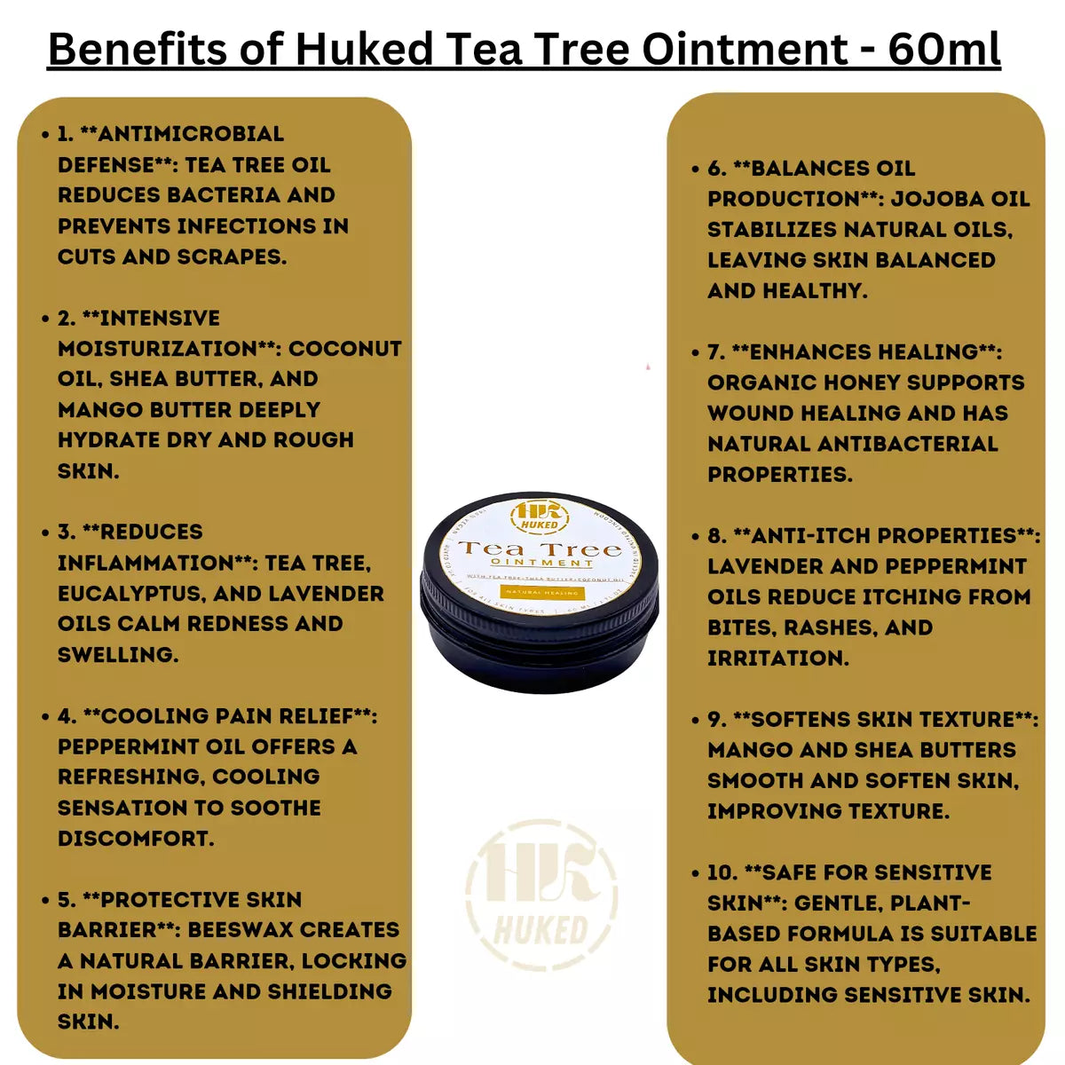 Huked Tea Tree Ointment – All-Natural Healing Balm for Skin Irritations, Burns & Moisturizing Relief - 60ml