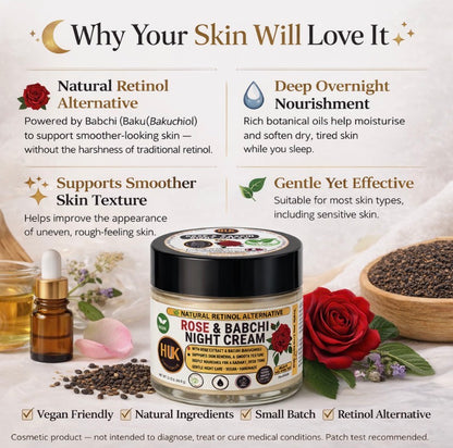 Natural Retinol Alternative Night Cream Bakuchiol Face Moisturiser Anti Age Rose | 60ml