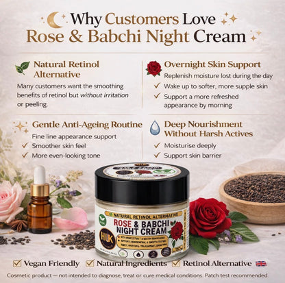 Natural Retinol Alternative Night Cream Bakuchiol Face Moisturiser Anti Age Rose | 60ml