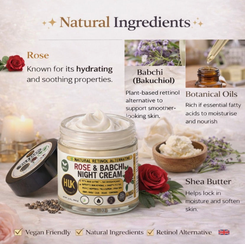 Natural Retinol Alternative Night Cream Bakuchiol Face Moisturiser Anti Age Rose | 60ml