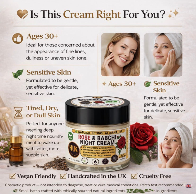 Natural Retinol Alternative Night Cream Bakuchiol Face Moisturiser Anti Age Rose | 60ml