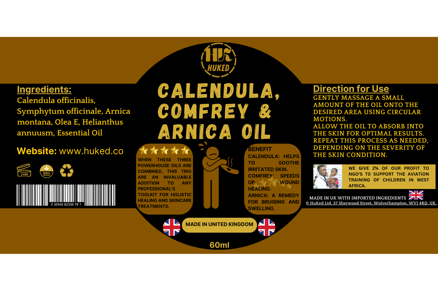 Huked Calendula, Comfrey & Arnica Oil – Natural Relief for Aches, Pains & Inflammation | Handmade in the UK | 60ml