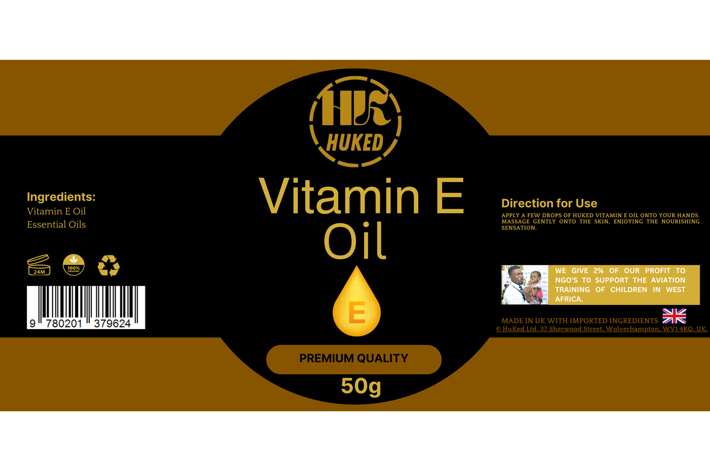 Huked Organic Vitamin E Oil – Hydrate, Nourish & Rejuvenate Skin & Hair - 60ml