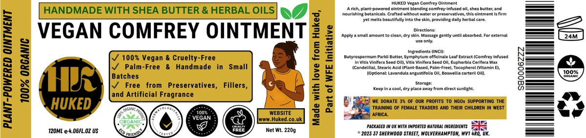 Huked 100% Vegan Comfrey Ointment 120ml | Shea Butter Herbal Balm | Natural Skin Care