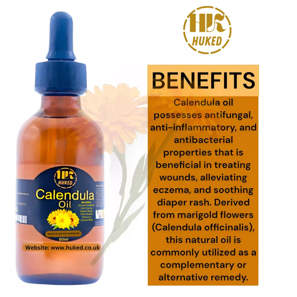 Huked Calendula Oil – Natural Skin Soothing & Healing Oil for Irritation, Moisturizing & Anti-Aging | Ideal for Eczema, Burns, & Sensitive Skin + Free Gift + Free Next Day Delivery - 60ml