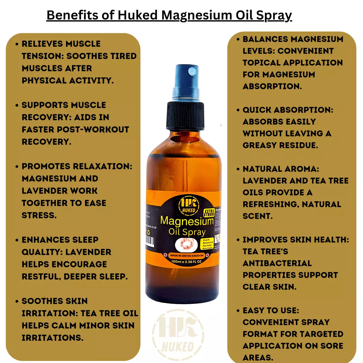 Huked Magnesium Oil Spray with Lavender & Tea Tree Oil - Muscle Relaxation, Skin Soothing & Stress Relief | Fast Absorbing, Natural Pain Relief, Eco-Friendly Packaging - 120ml